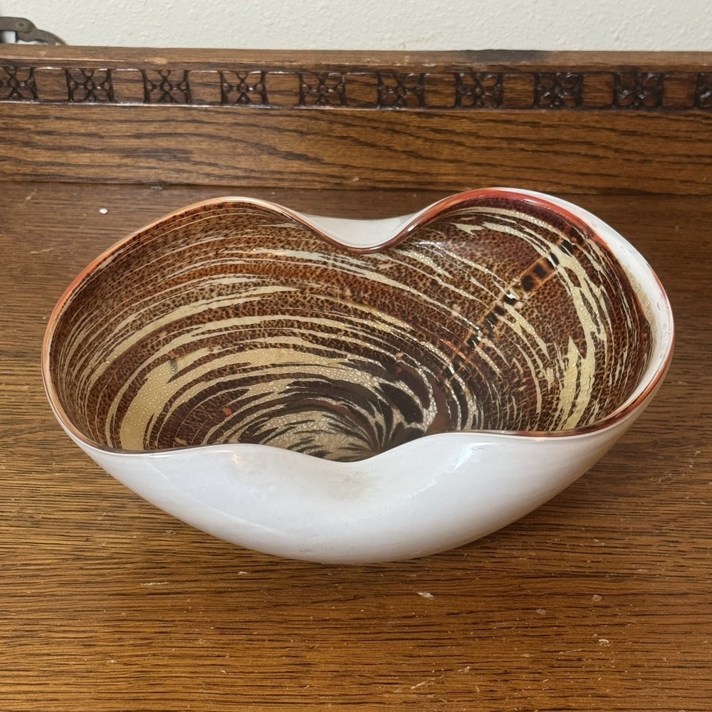 Hand Blown Art Glass Bowl Brown Cream Swirl Murano 9" Decorative Bowl